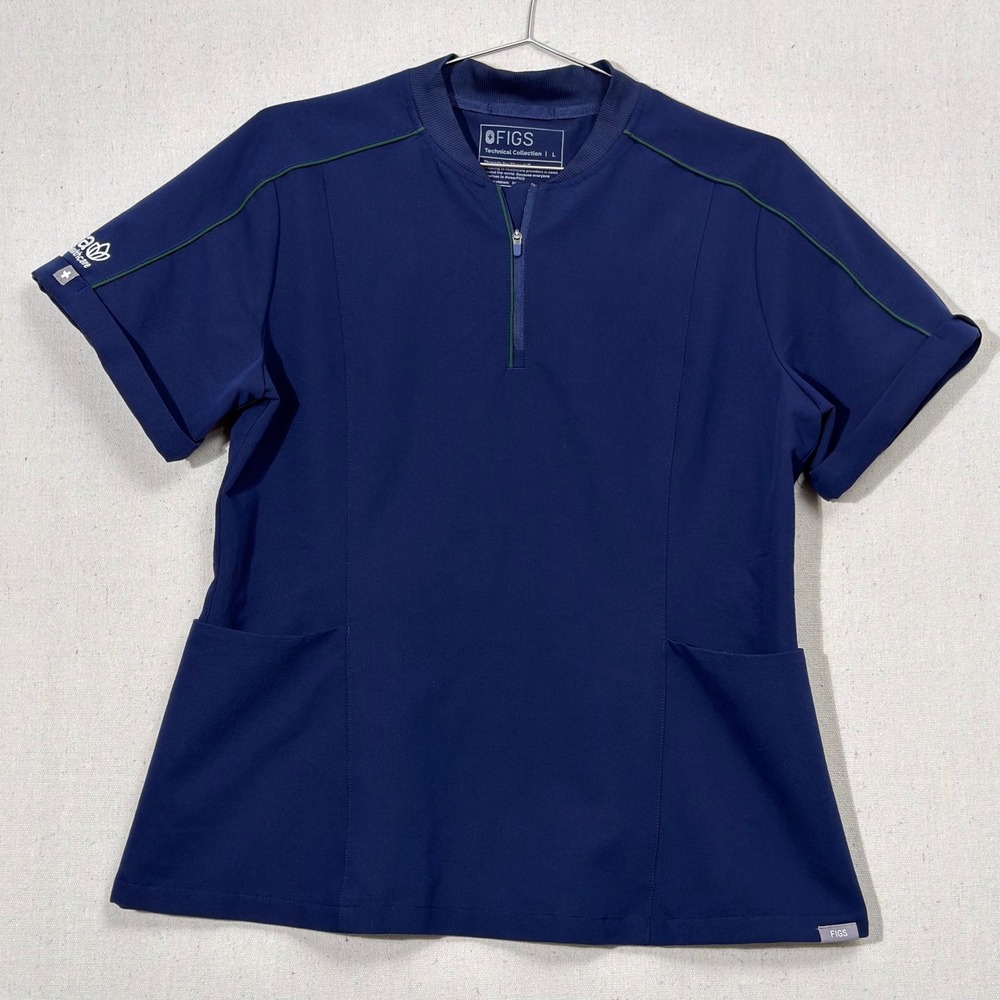 FIGS Scrub Top Women Large Navy Blue Quarter Zip Technical Collection Aya Logo